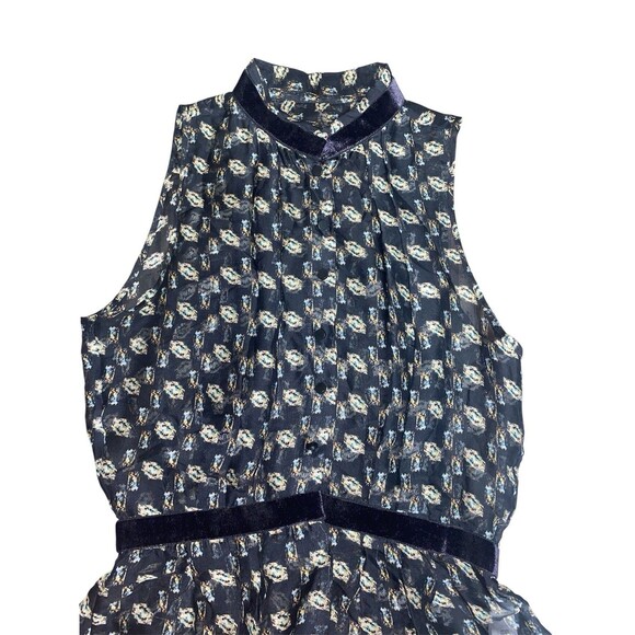 Theysken’s Theory Printed Sheer Button Down Blouse Size Small Velvet Trim - Picture 2 of 2